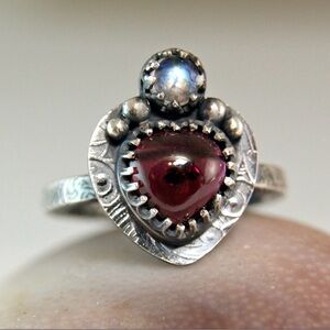 Hand Made Sacred Heart Garnet with Moonstone SterlingSilver Ring. Size 8